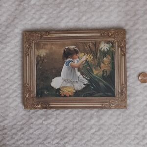 Charming Gold Framed Art Print of Girl with Flowers
